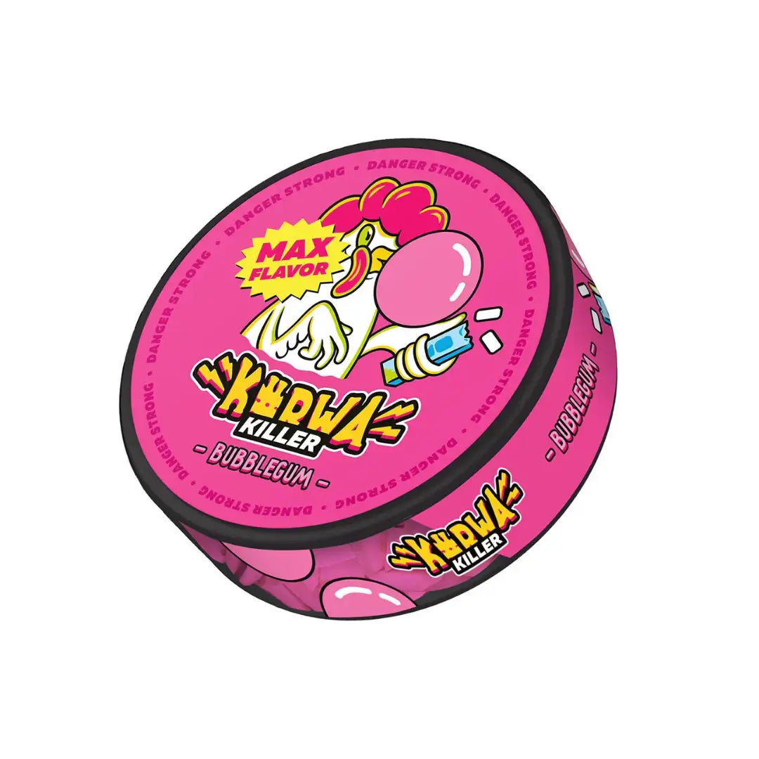 Kurwa Killer Bubblegum by NikoPouches.dk in a vibrant pink packaging, featuring colorful bubblegum illustrations.