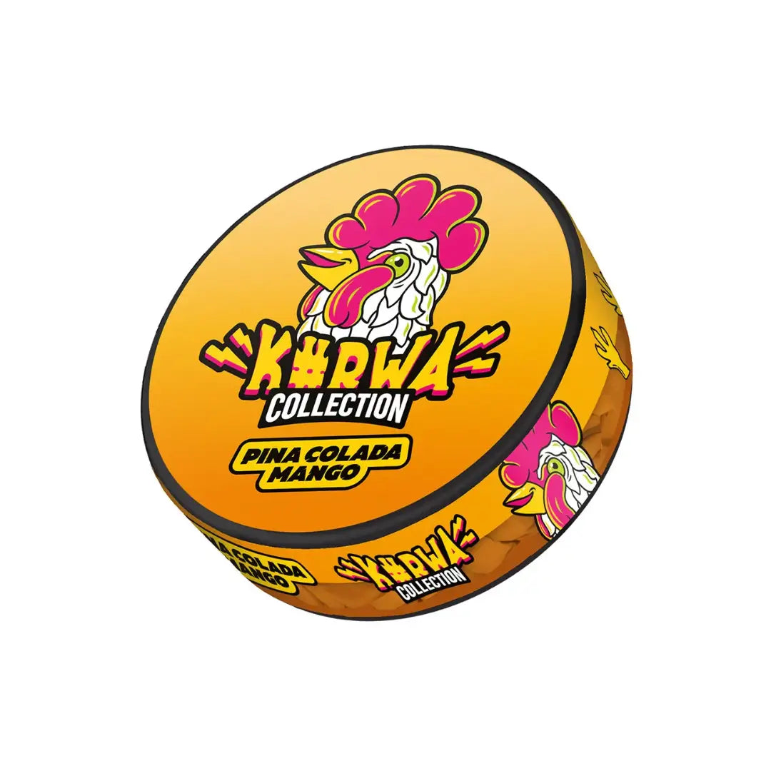 Kurwa Pina Colada Mango flavor pouch from NikoPouches.dk, featuring colorful packaging with tropical fruit illustrations.