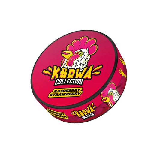 Kurwa Raspberry Strawberry flavored pouch by NikoPouches.dk, showing vibrant raspberry and strawberry ingredients in a sleek pouch.