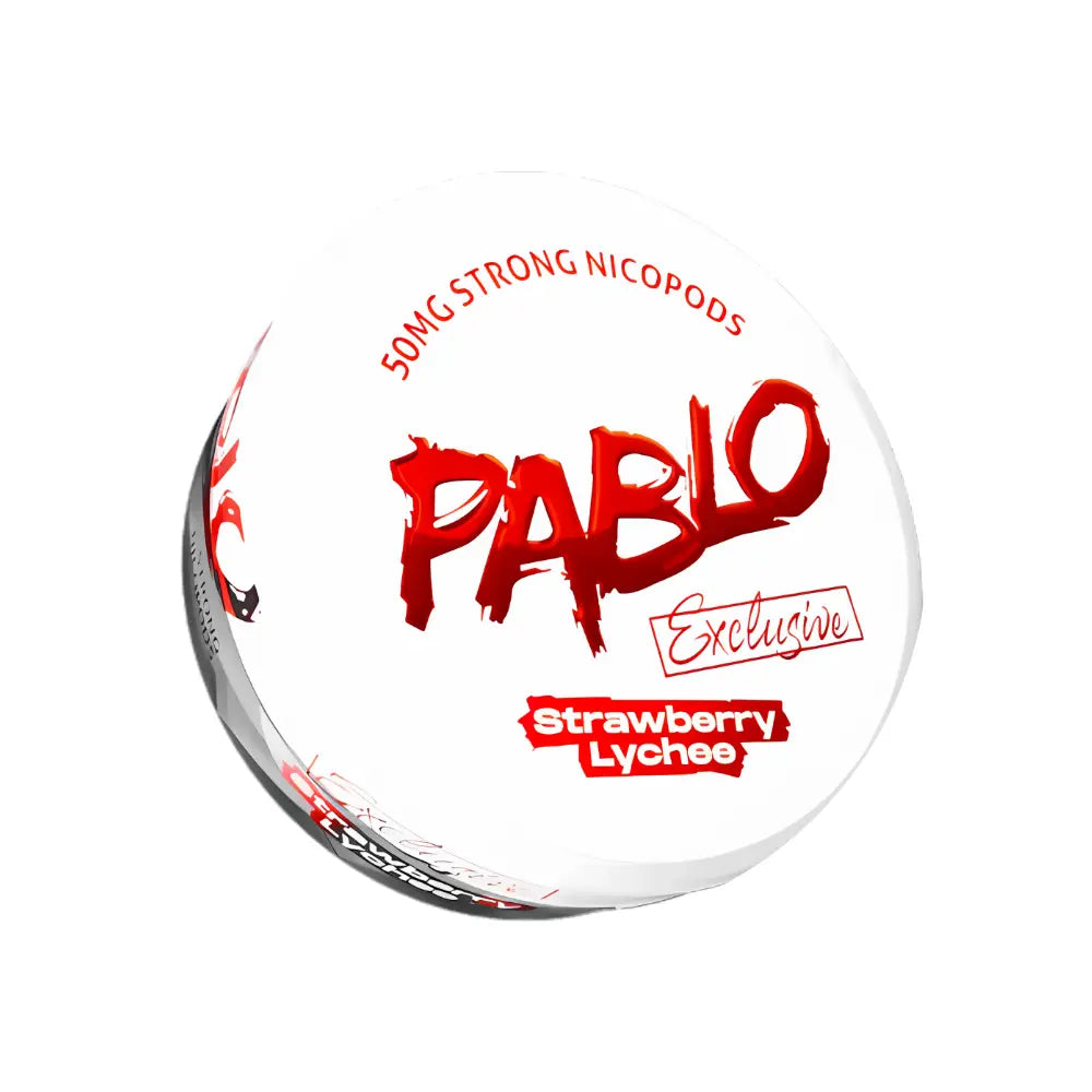 Pablo Exclusive Strawberry Lychee flavored pouch by NikoPouches.dk, featuring white packaging with pink and green accents.