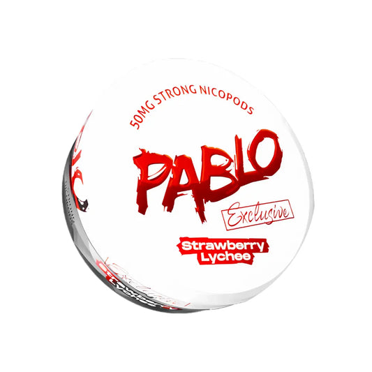 Pablo Exclusive Strawberry Lychee flavored pouch by NikoPouches.dk, featuring white packaging with pink and green accents.