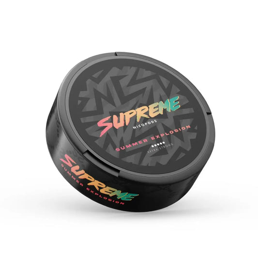Vibrant illustration of a summer explosion with bright colors, representing the Supreme Summer Explosion product by NikoPouches.dk
