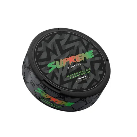NikoPouches.dk Supreme Watermelon Bubblegum pouch featuring vibrant watermelon-flavored chewing gum in a colorful package