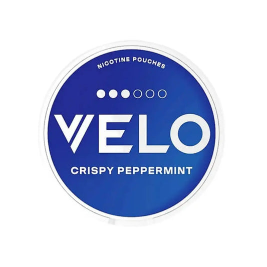 Velo Crispy Peppermint candy by NikoPouches.dk, showing a close-up of the peppermint candies with red and white stripes.