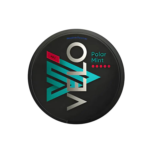 Velo Polar Mint Max energy pouch by NikoPouches.dk, featuring mint-flavored design and branding on packaging.