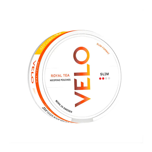 Velo Royal Tea in a cup, served hot with tea leaves visible, on a saucer, showcasing the NikoPouches.dk product.