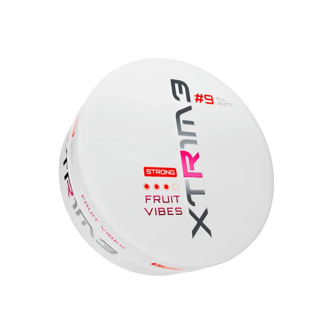 Xtrime Fruit Vibes flavor pouch by NikoPouches.dk showing colorful fruit-themed packaging on a white background.