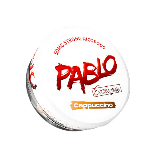 White Fox Peppered Mint NikoPouches.dk Pablo Exclusive Cappuccino coffee pouch with white and mint packaging design
