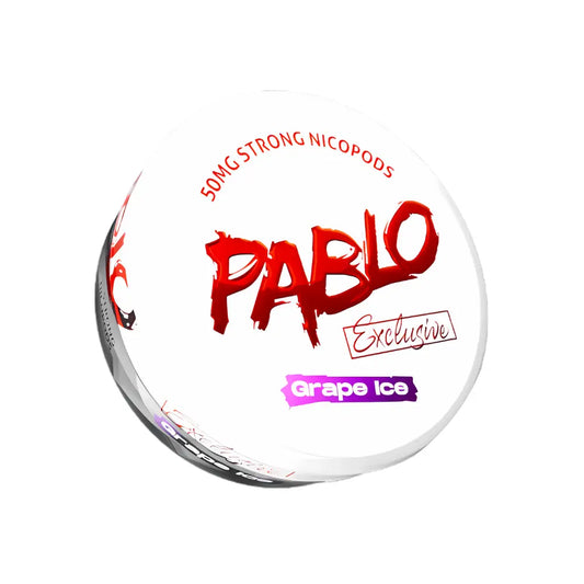 White pack of NikoPouches.dk Pablo Exclusive Grape Ice nicotine pouches with mint flavor in a white and purple design.