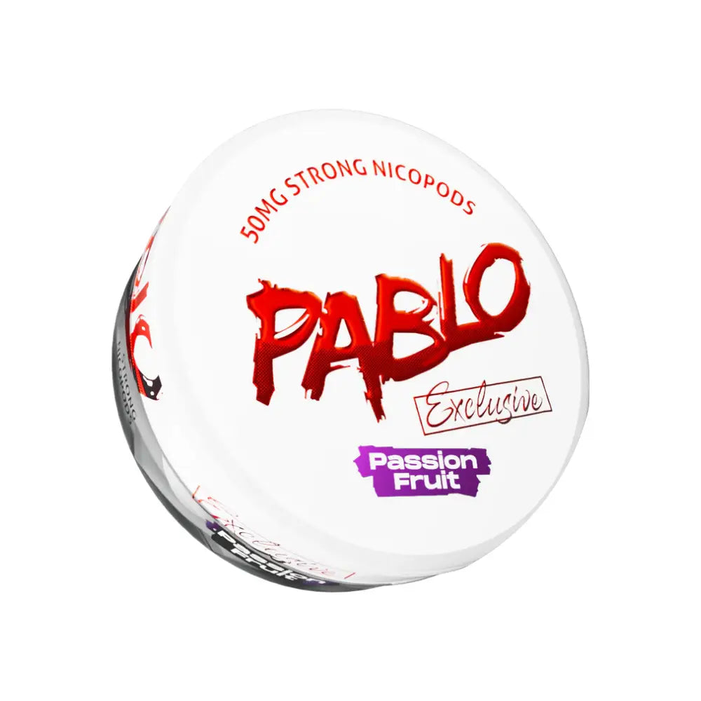 White Fox Peppered Mint NikoPouches.dk Pablo Exclusive Passion Fruit pouch with white mint flavor and passion fruit accents.