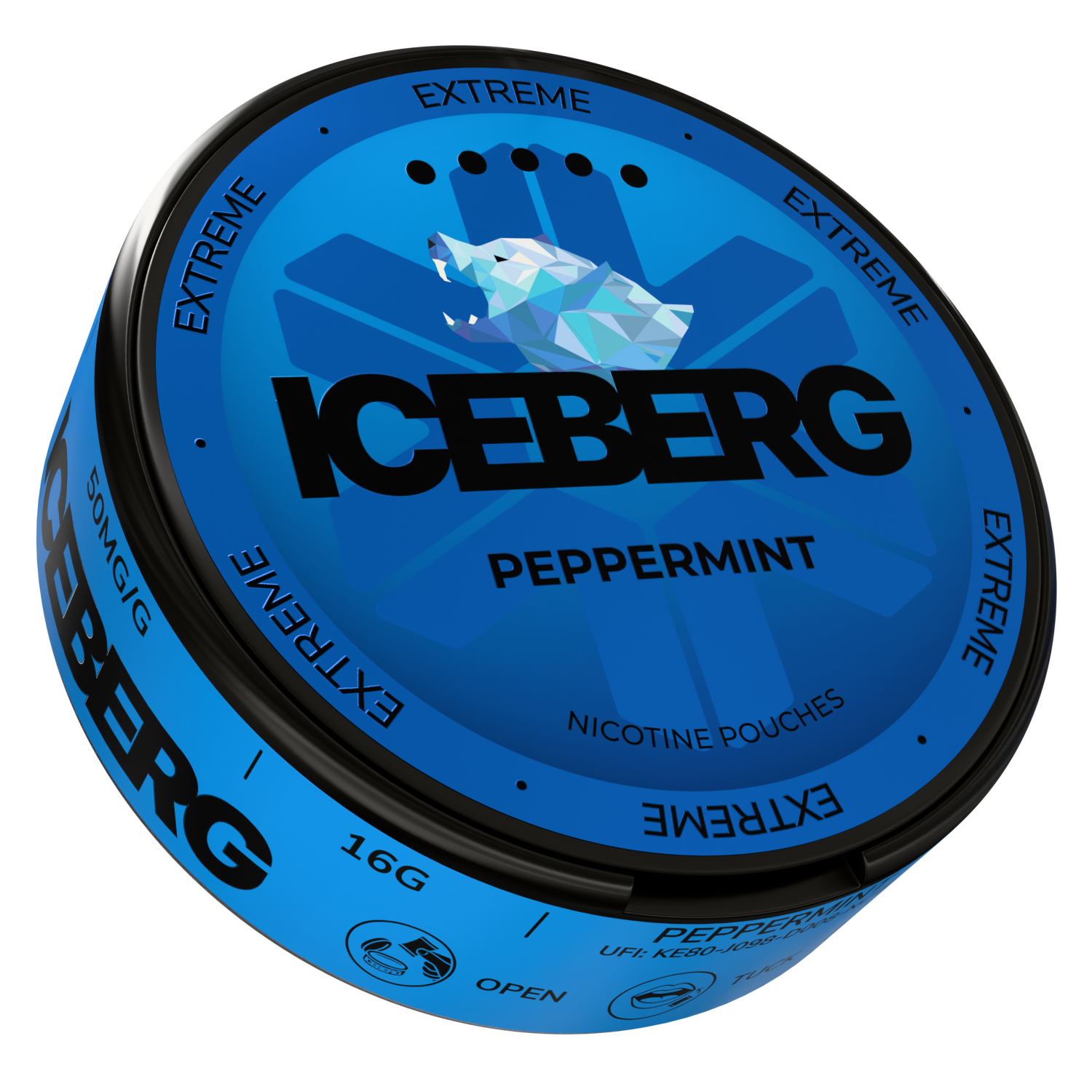 Side view of the Iceberg Mint Explosion tin in blue and black, highlighting the label design.