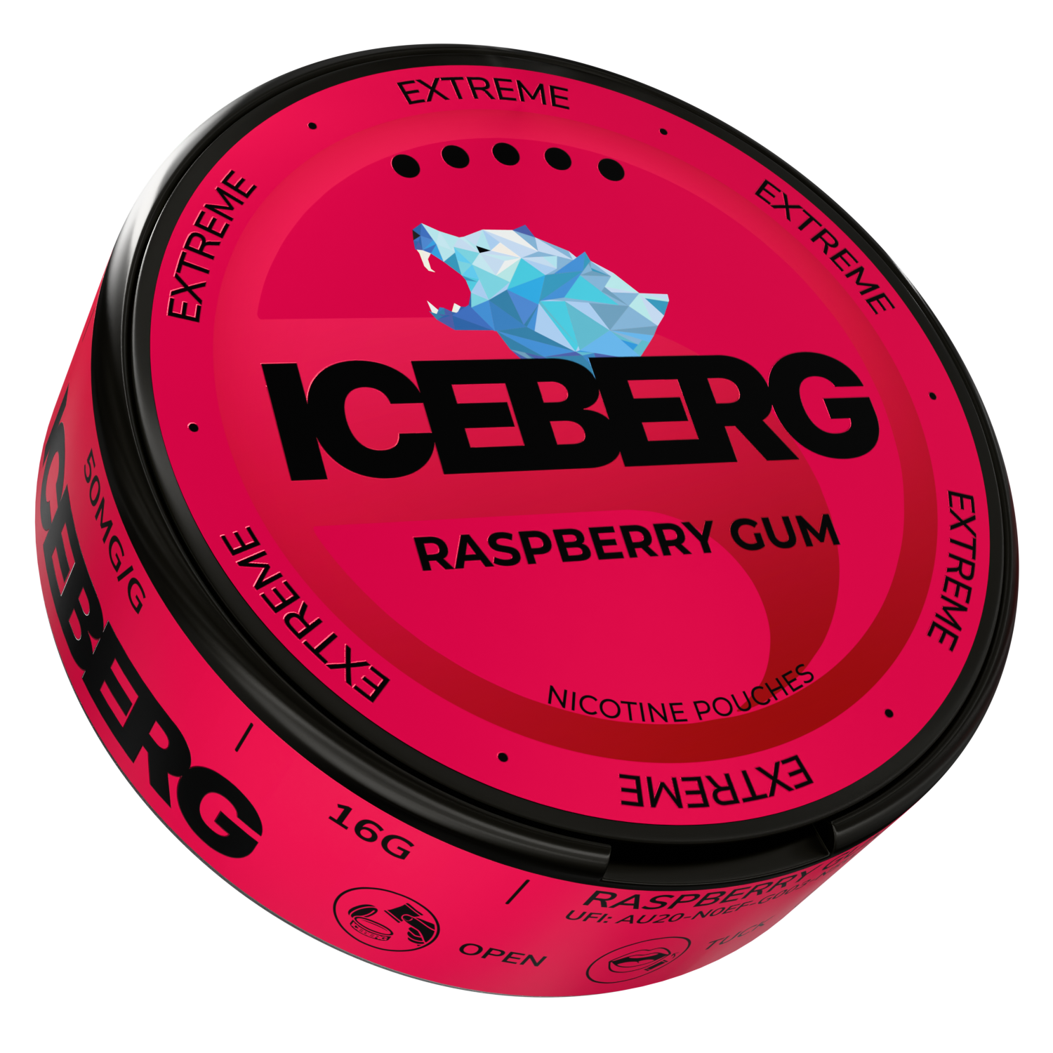 Side view of the Iceberg Raspberry Gum tin showcasing the brand name and flavor label.