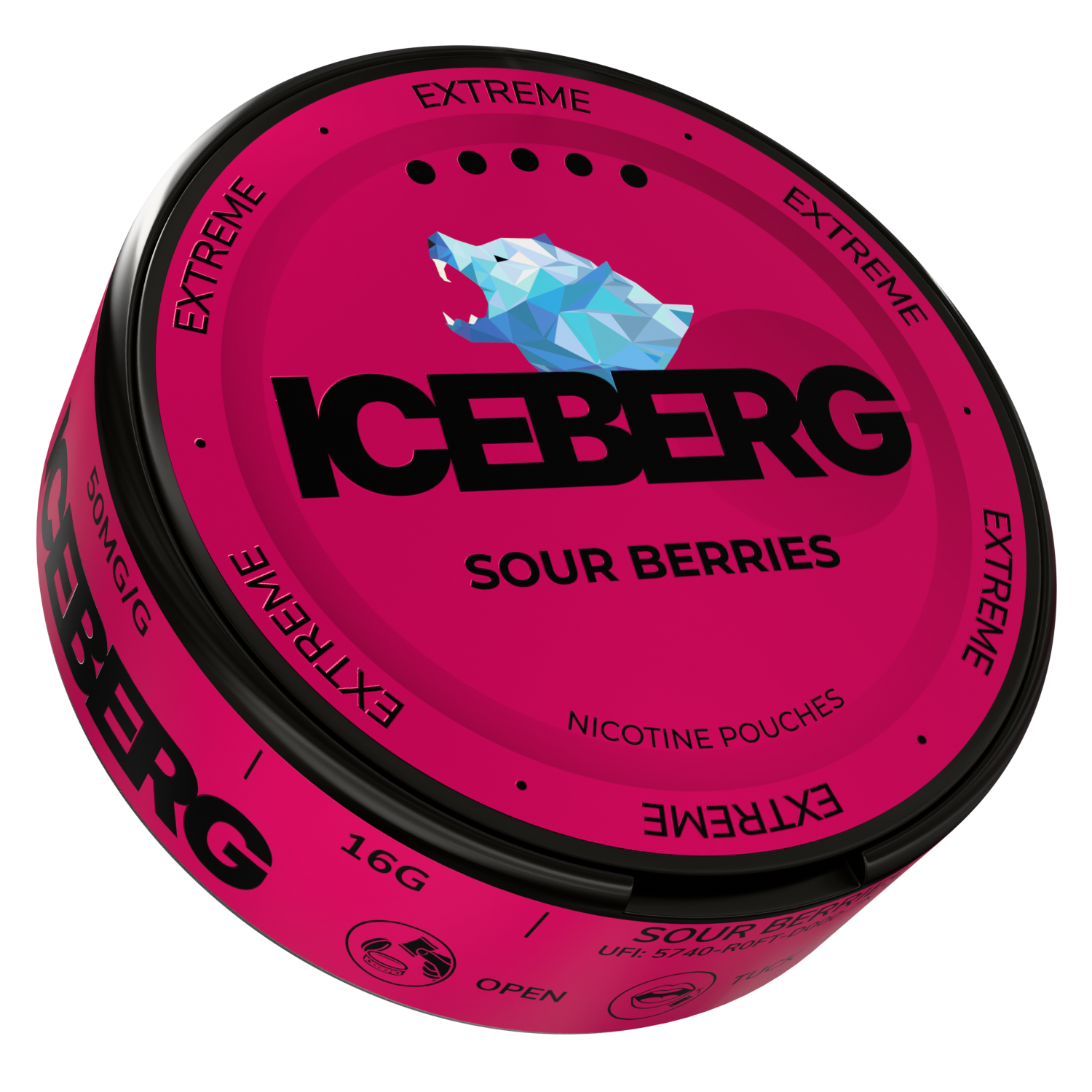 Side view of a circular tin of Iceberg Sour Berries featuring a pink and black flavor label.