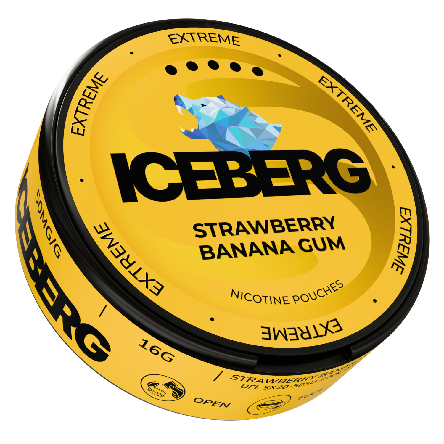 Side view of Iceberg Strawberry Banana Gum tin showing label text on a transparent background.