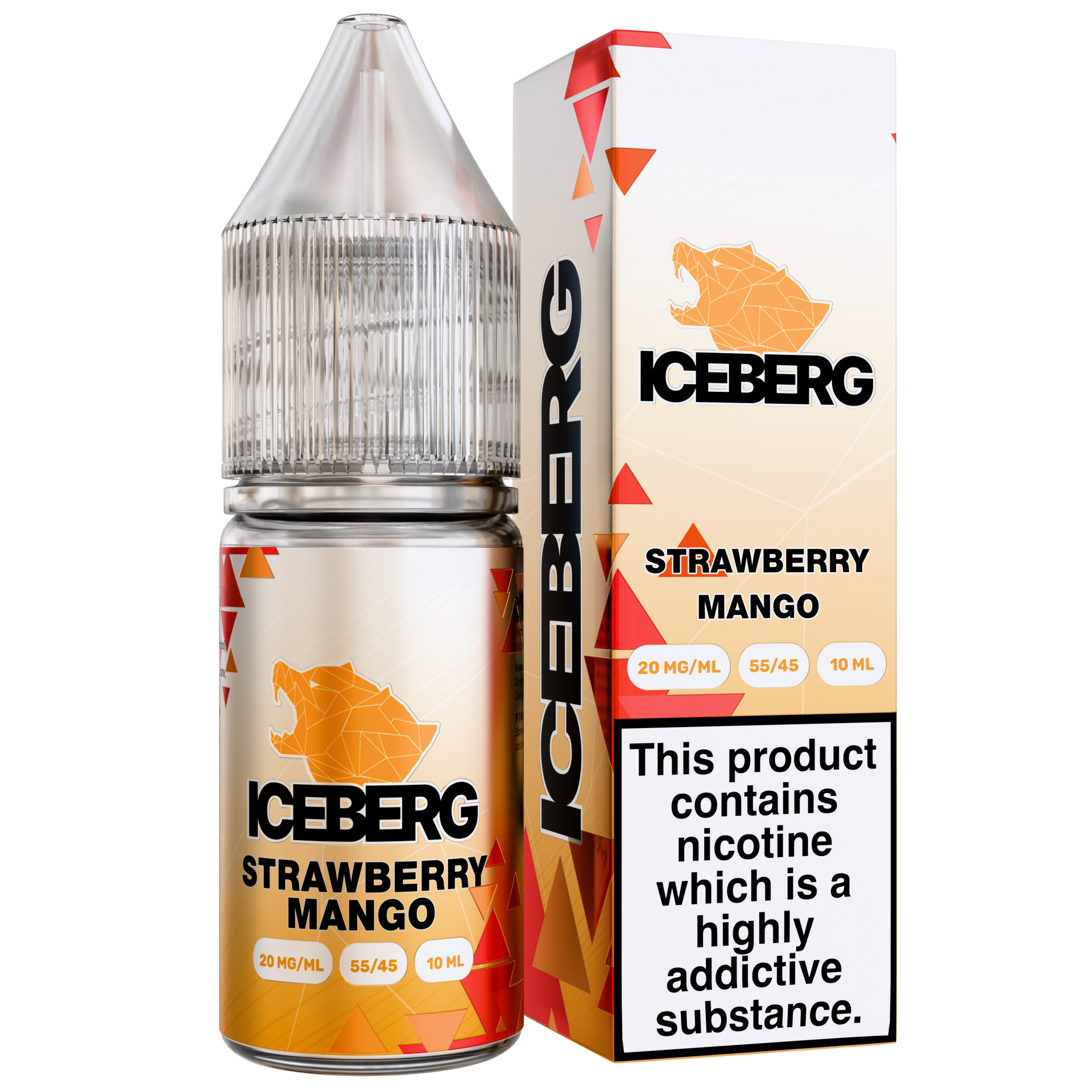 Packaging shot of strawberry mango e-liquid in a transparent bottle with a child-proof cap, featuring orange and white gra…
