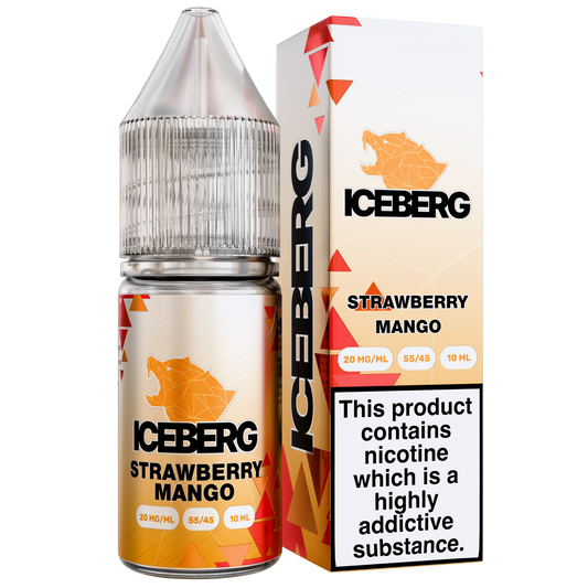 Packaging shot of strawberry mango e-liquid in a transparent bottle with a child-proof cap, featuring orange and white gra…