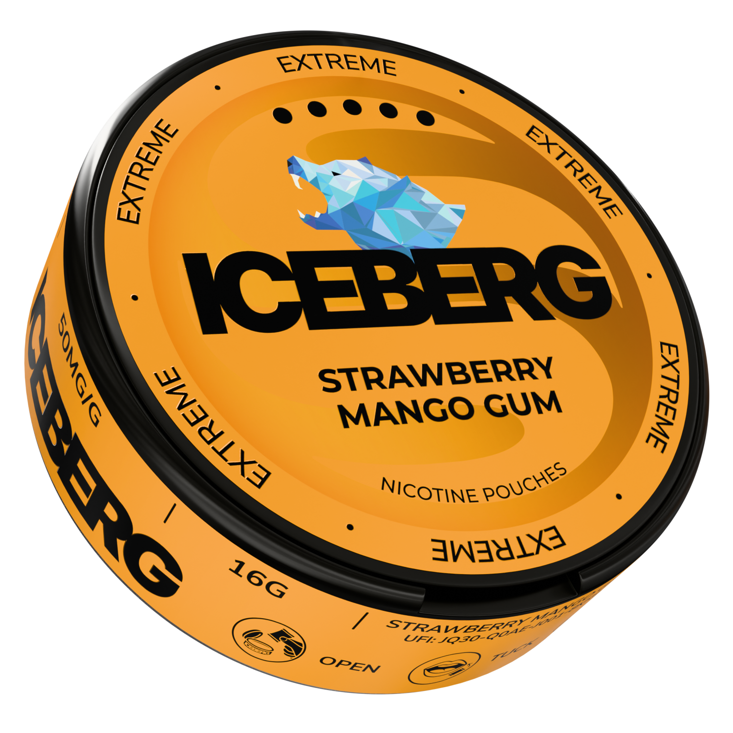 Side view of Iceberg Strawberry Mango Gum in a circular tin showcasing the brand logo against a transparent background.