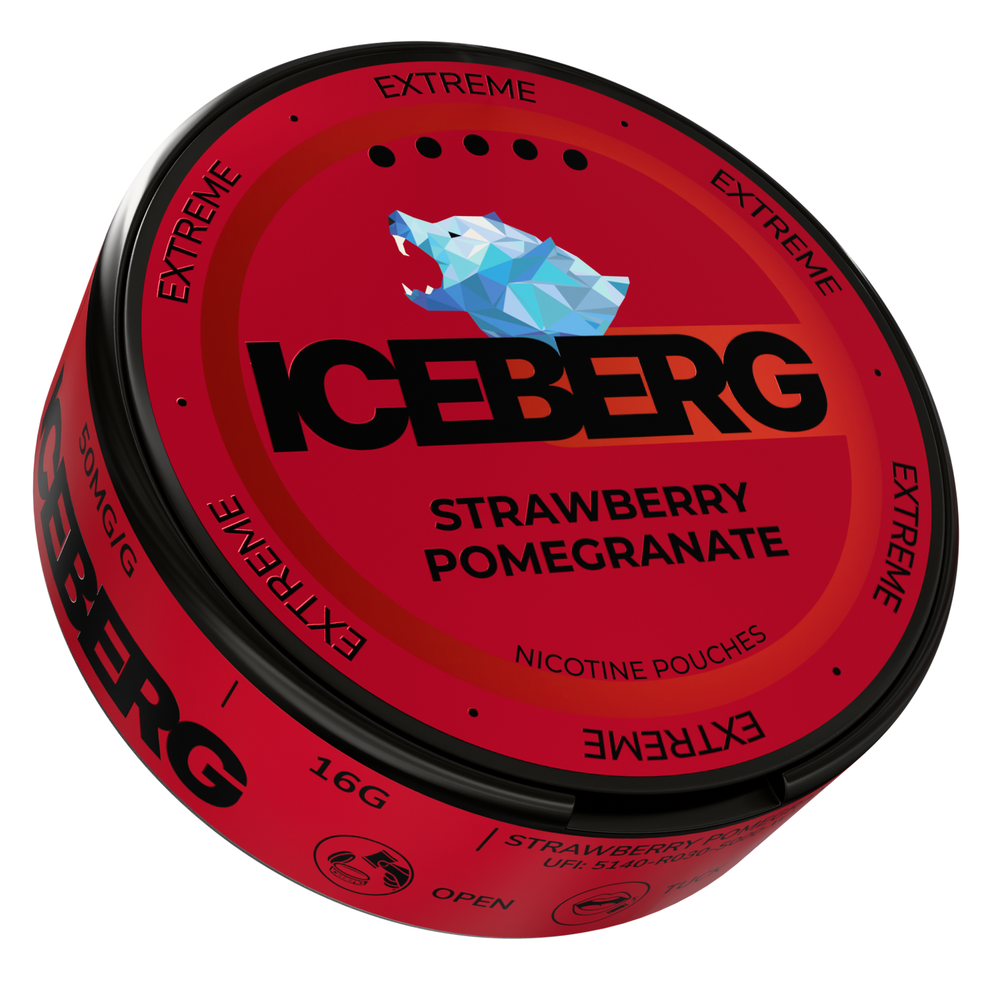 Side view of the Iceberg container showcasing the red and black label text.