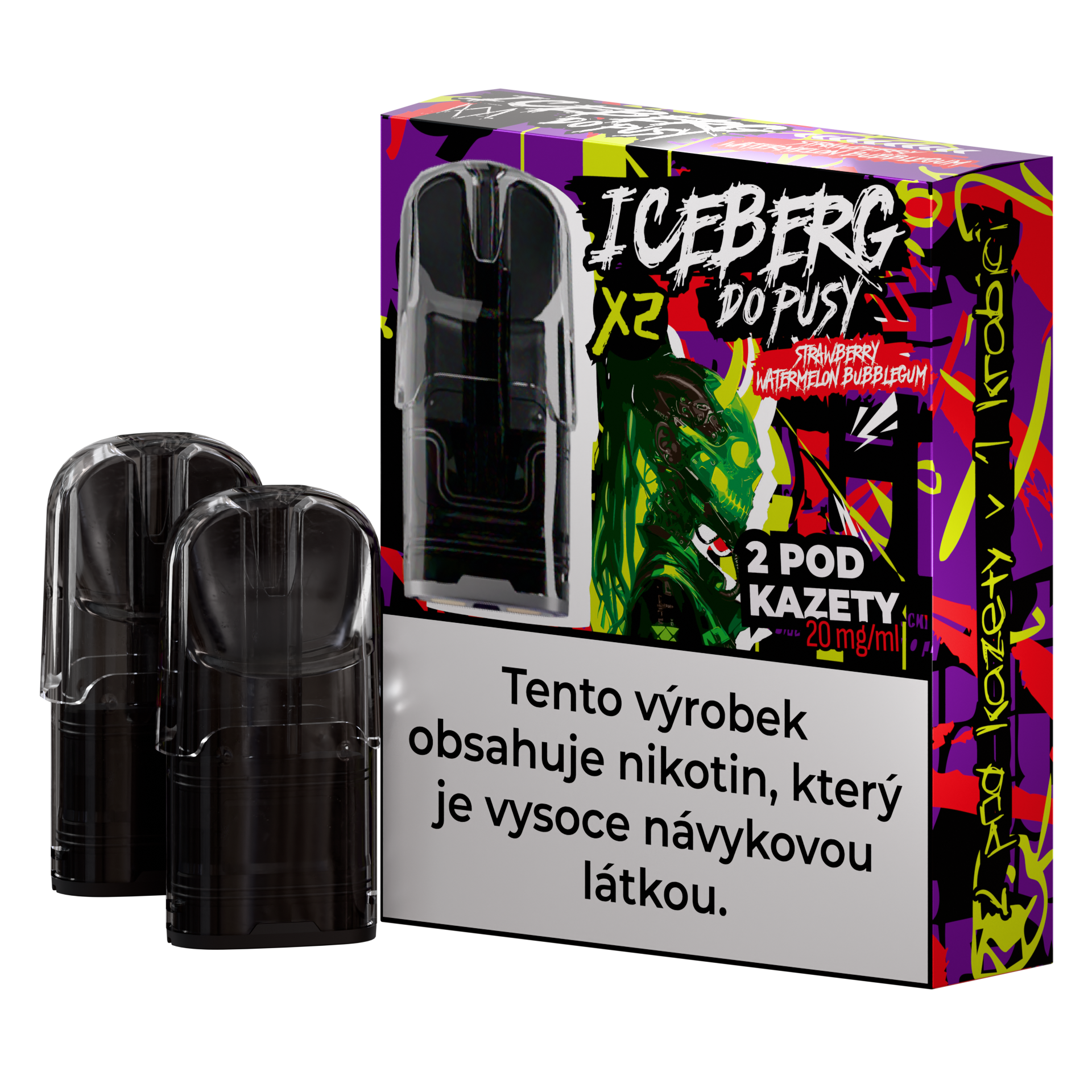 Colorful packaging of the Iceberg Do Pusy Pods featuring strawberry, watermelon, and bubblegum flavors.