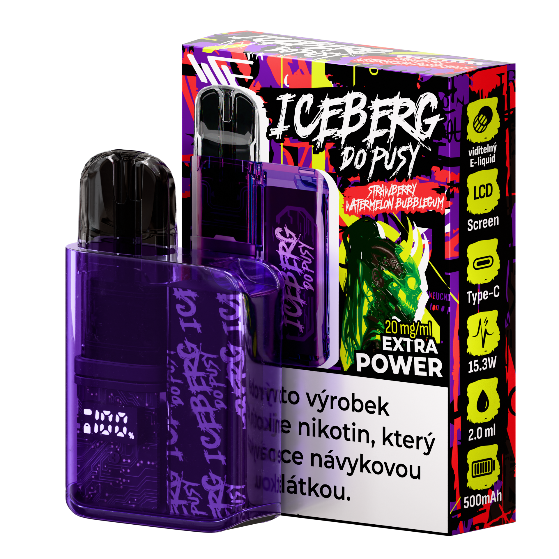 Lifestyle shot of vibrant purple bubblegum product featuring unique packaging and green accents.