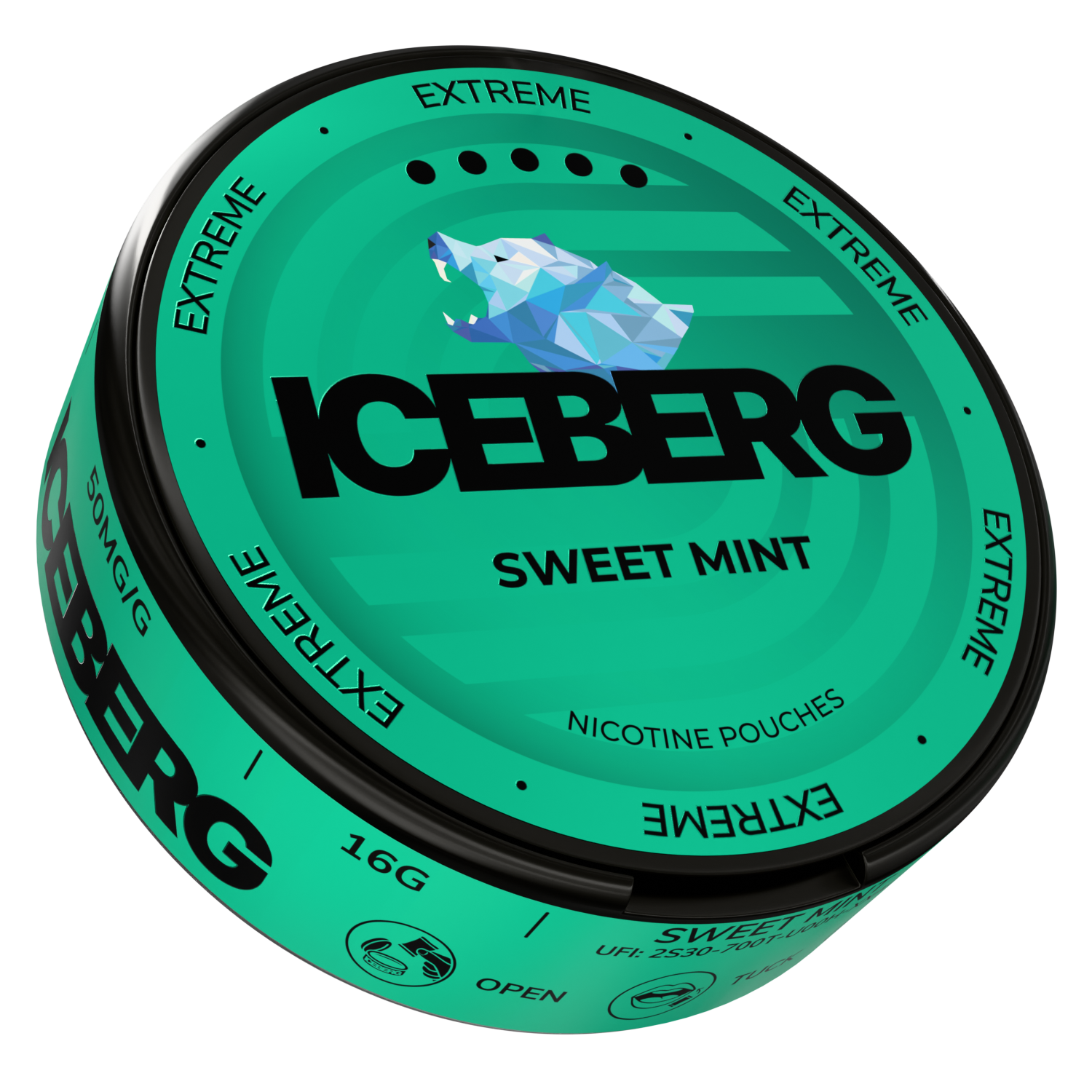 Side view of Iceberg Sweet Mint featuring bold text and brand logo against a transparent background.