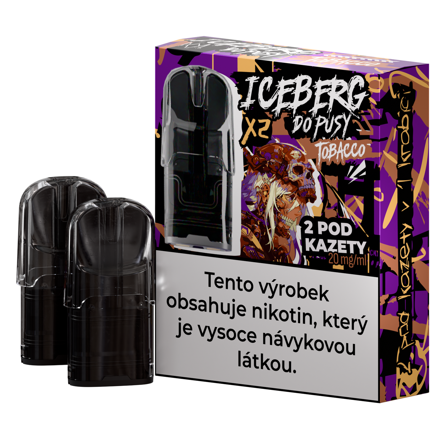 Packaging of Iceberg Do Pusy Pod – Tobacco in purple, black, and orange colors with graphic design.