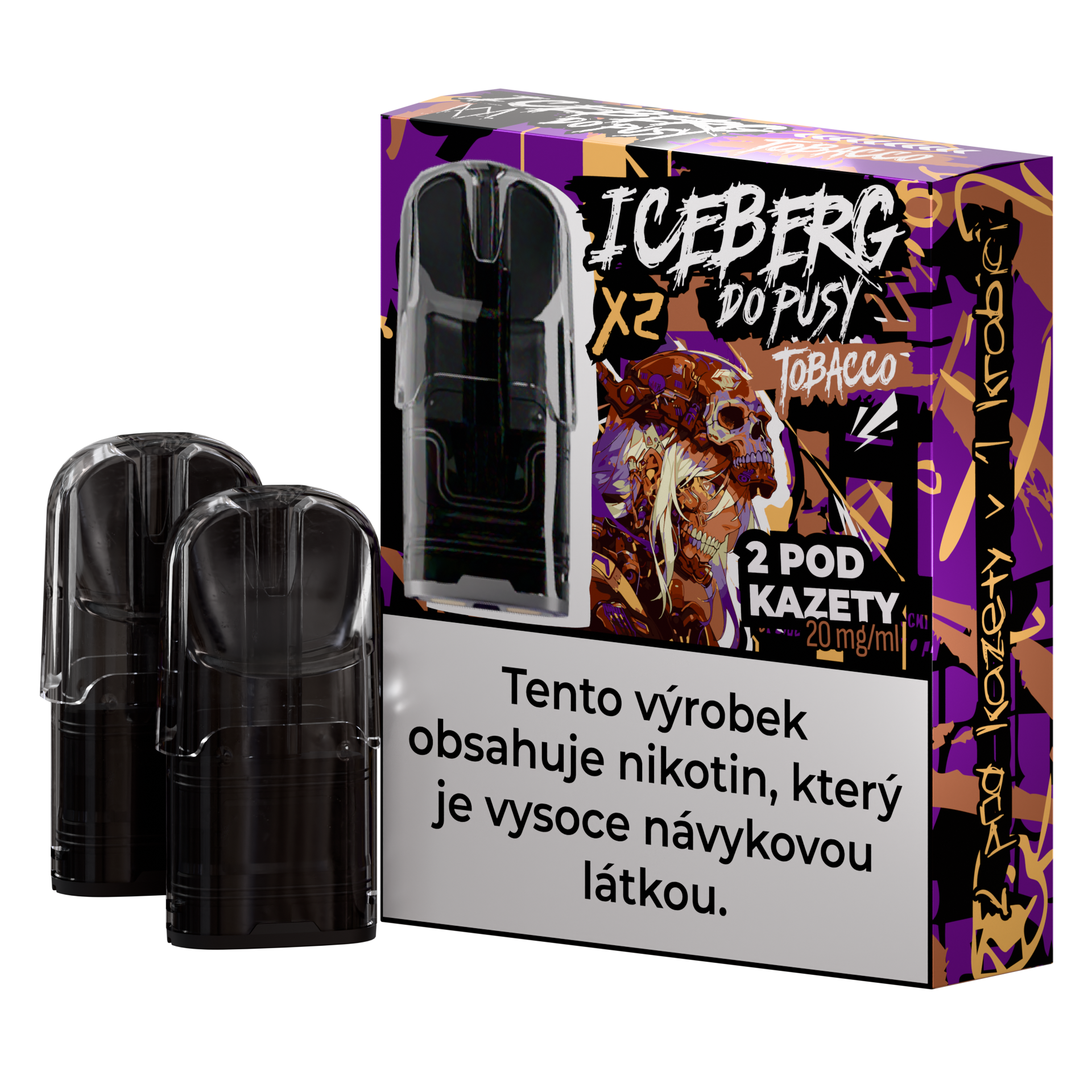 Packaging of Iceberg Do Pusy Pod – Tobacco in purple, black, and orange colors with graphic design.