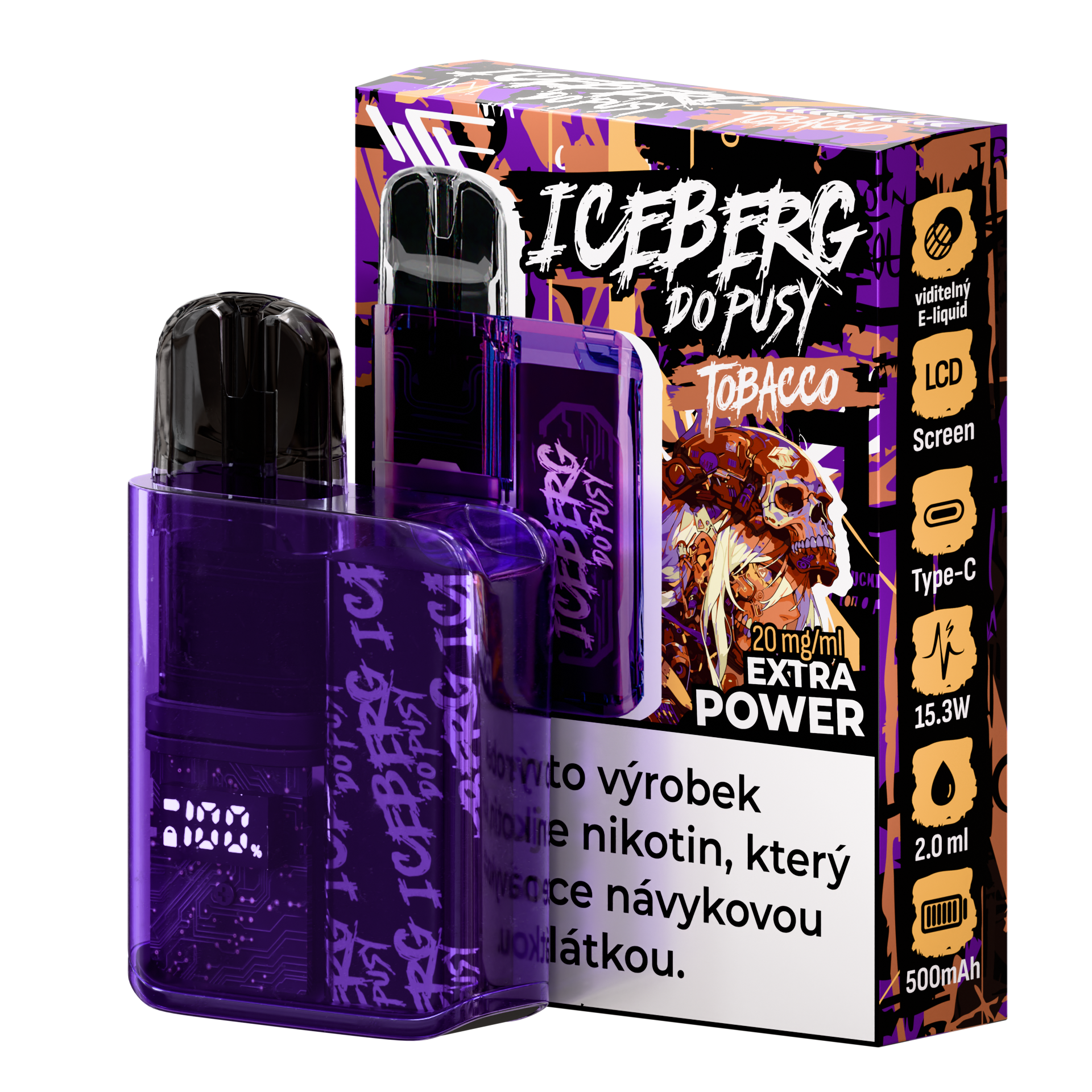 Packaging shot of the Iceberg Do Pusy Kit Tobacco featuring a purple vape bottle with graphic design elements in purple, b…