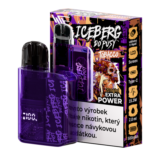 Packaging shot of the Iceberg Do Pusy Kit Tobacco featuring a purple vape bottle with graphic design elements in purple, b…