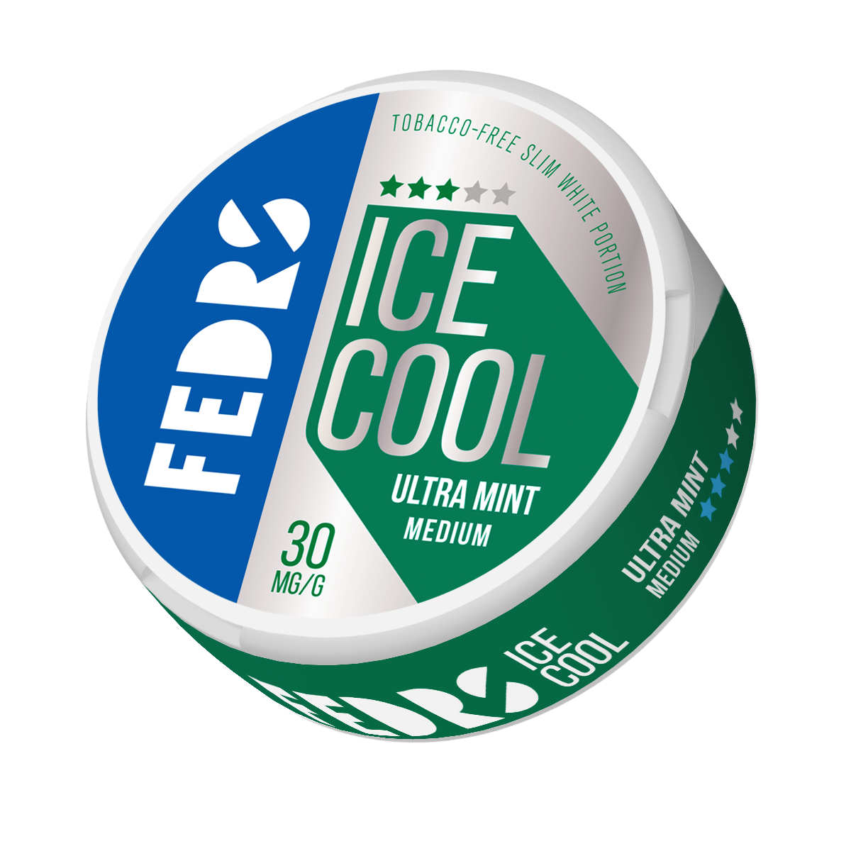 Detail close-up of the round tin packaging for Fedrs Ultra Mint Medium, showcasing blue and green colors.