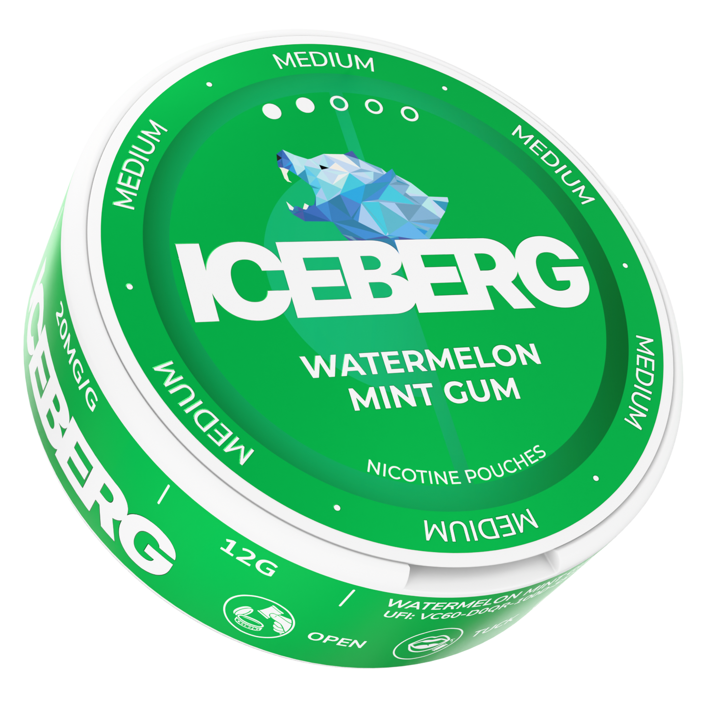 Front view of the Watermelon Mint Gum container showcasing a circular shape in green and white with a flavor label.