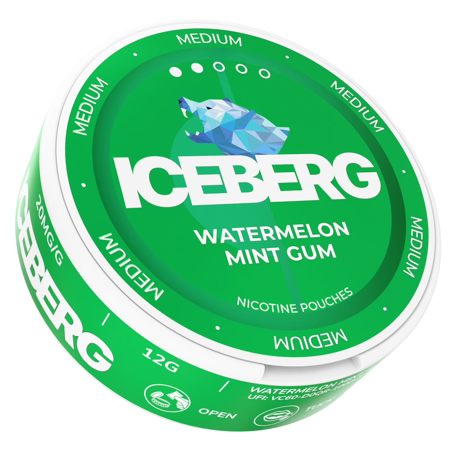 Front view of the Watermelon Mint Gum container showcasing a circular shape in green and white with a flavor label.