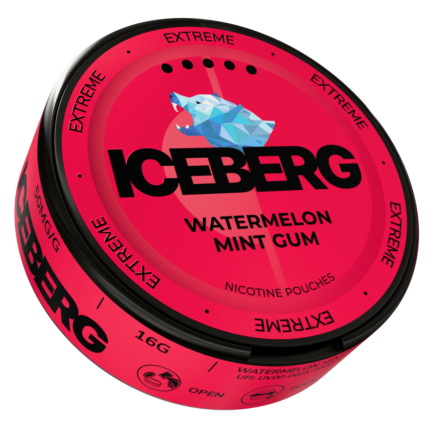 Side view of Iceberg Watermelon Mint Gum displaying the ingredient list and brand logo.